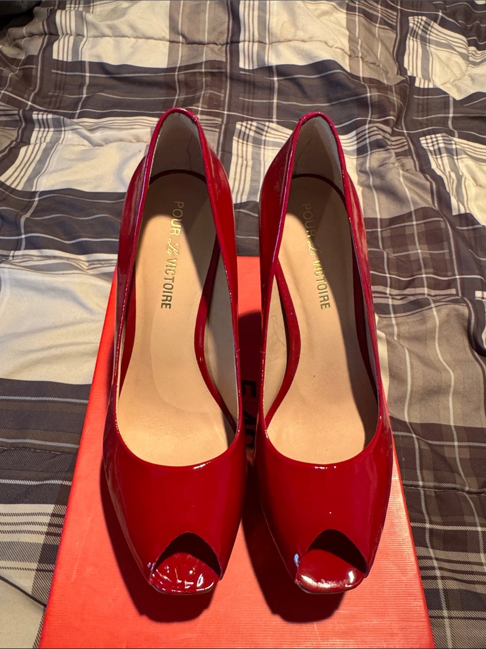 Pour La Victoire Red Patent Peep-Toe Heels (new without box, never worn)
